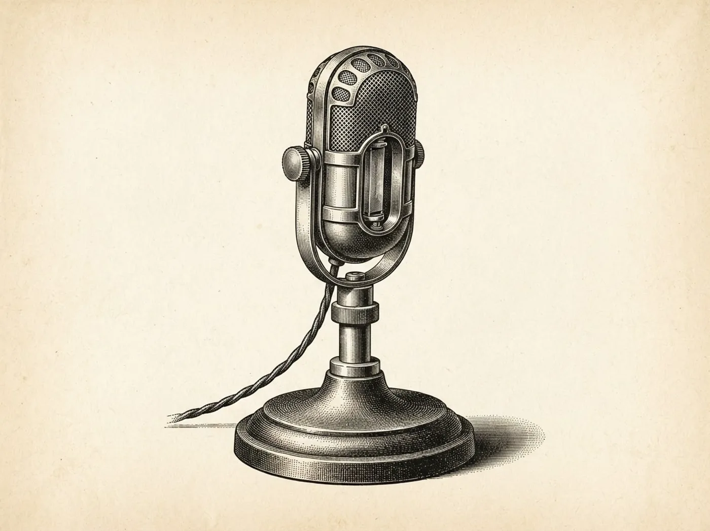 Copperplate engraving of a vintage broadcast microphone on a weighted desk stand