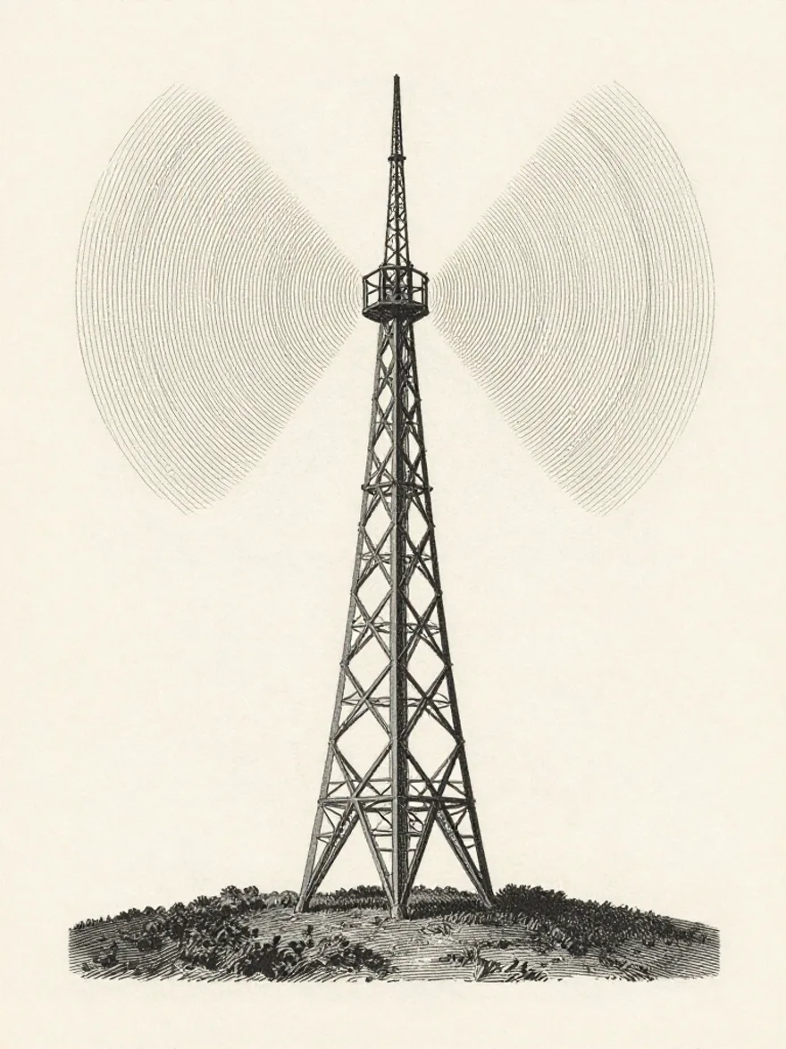 Steel engraving of a lattice radio tower radiating signal waves
